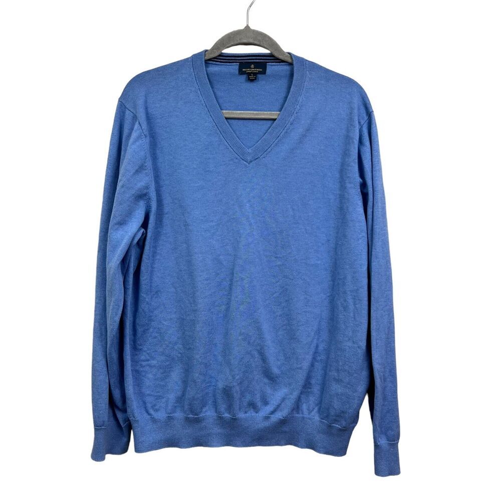 Brooks Brothers Mens Knit Sweater Stretch Ribbed V Neck Blue Size L*